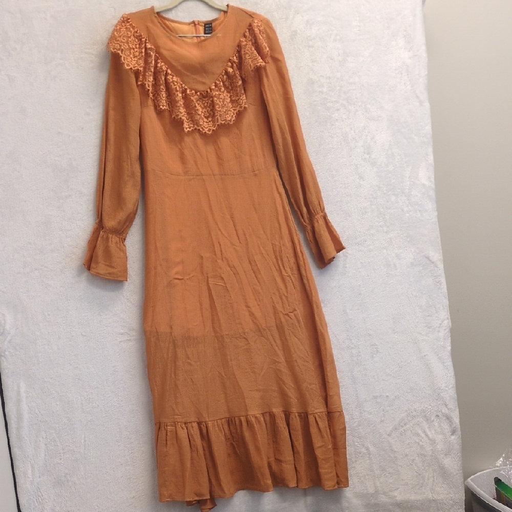 SHEIN Women's Orange Ruffle Neck Tiered Long Sleeve Dress Size S